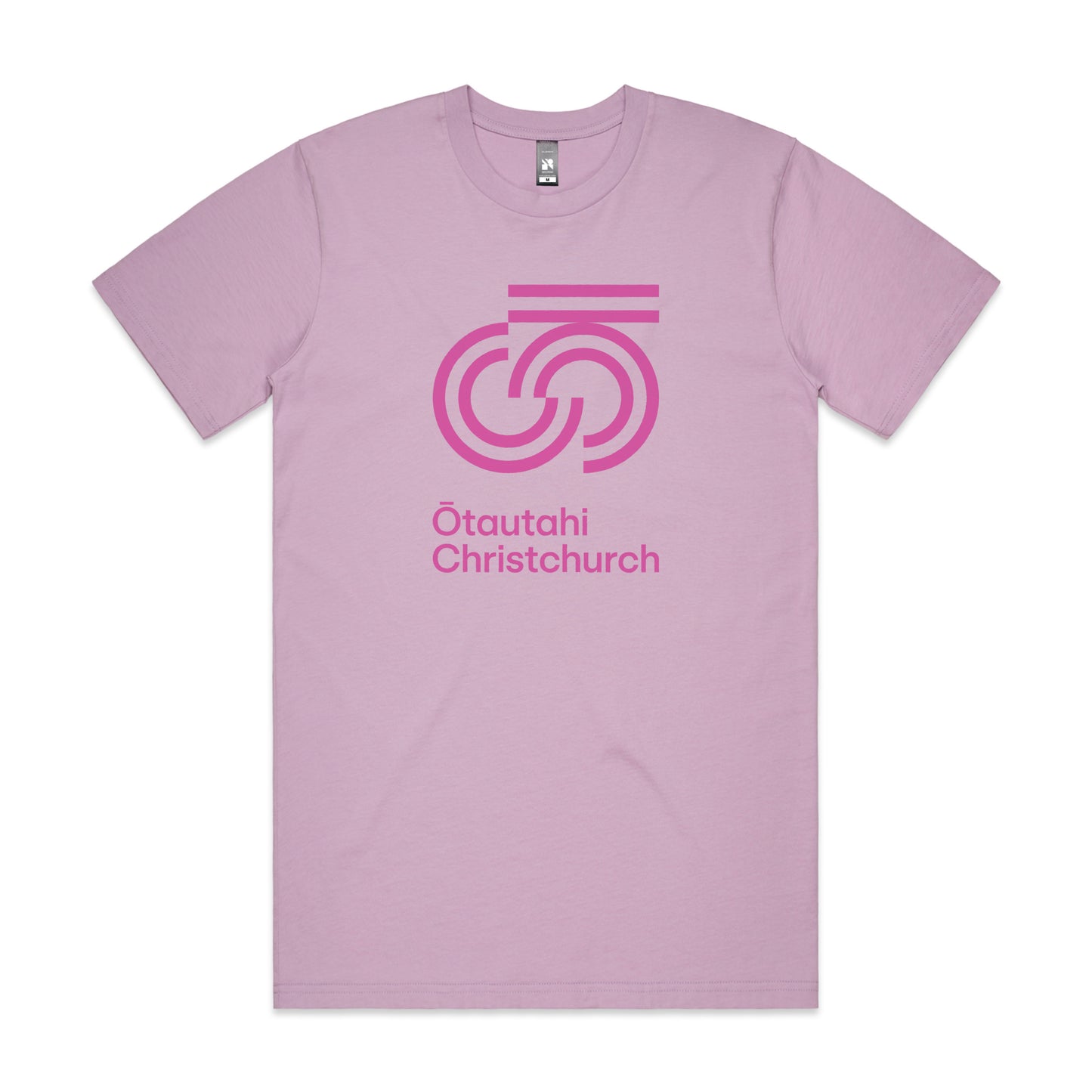 Lavender colored crew neck t-shirt with a graphic print on the front that reads 'Otautahi Christchurch'.