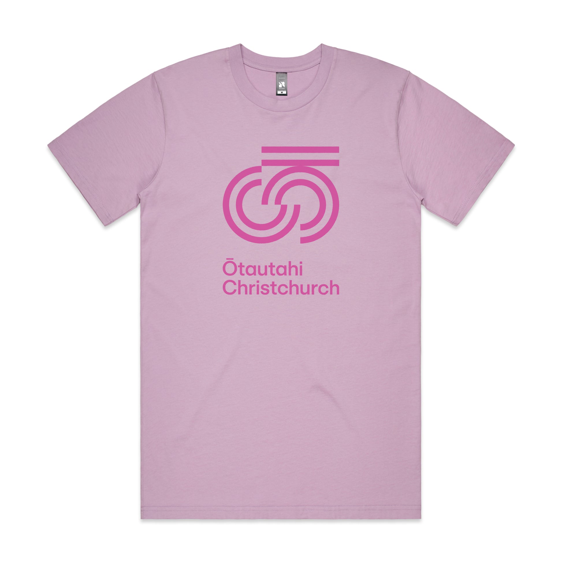Lavender colored crew neck t-shirt with a graphic print on the front that reads 'Otautahi Christchurch'.