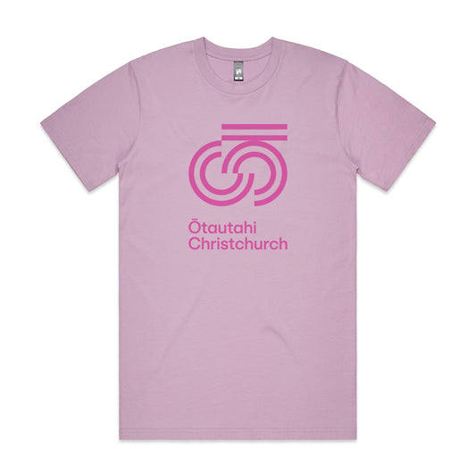 Lavender colored crew neck t-shirt with a graphic print on the front that reads 'Otautahi Christchurch'.