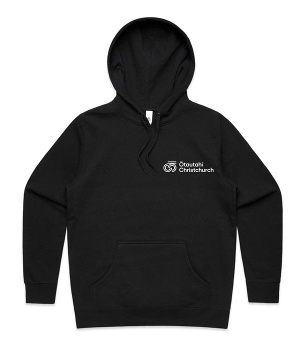 A black hoodie with a kangaroo pocket and a small white print on the front showing the city pride.