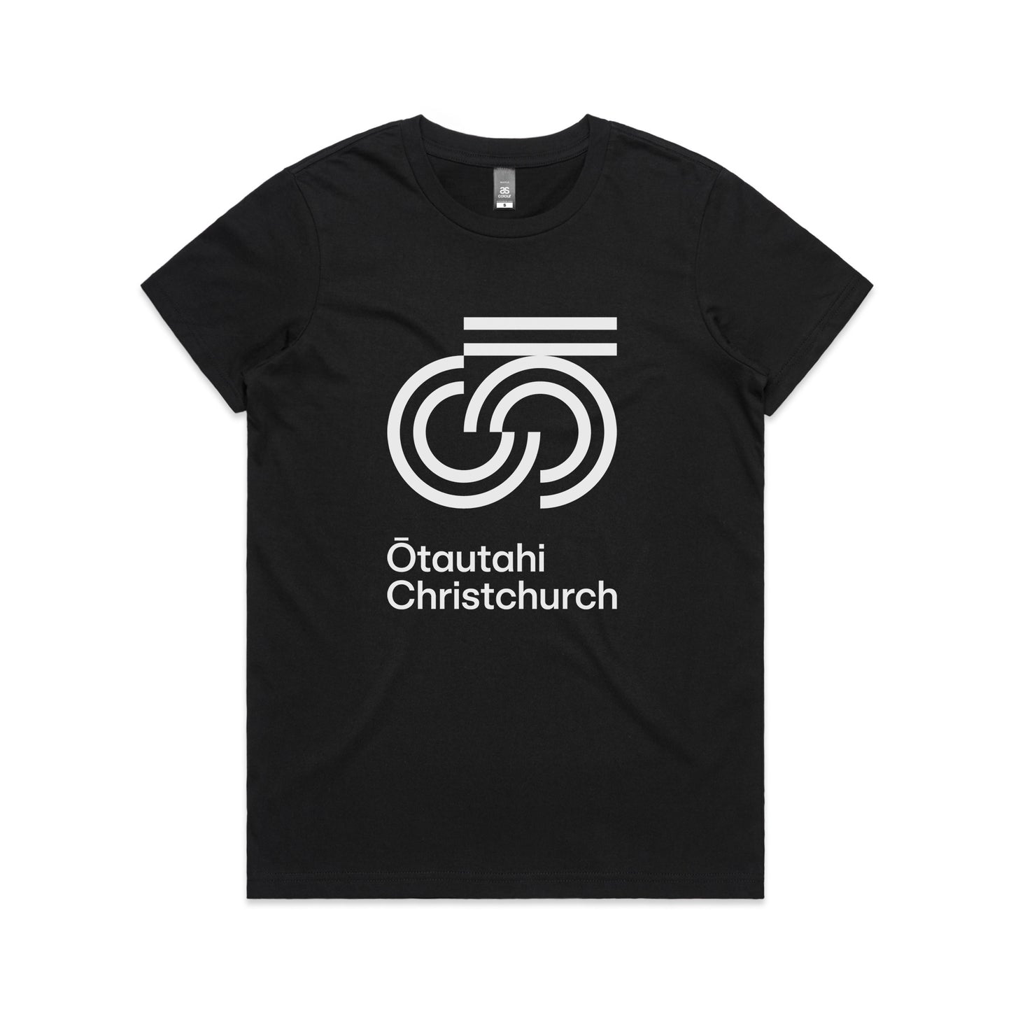 Black crew neck t-shirt with white graphic print on the front saying 'Otautahi Christchurch'.