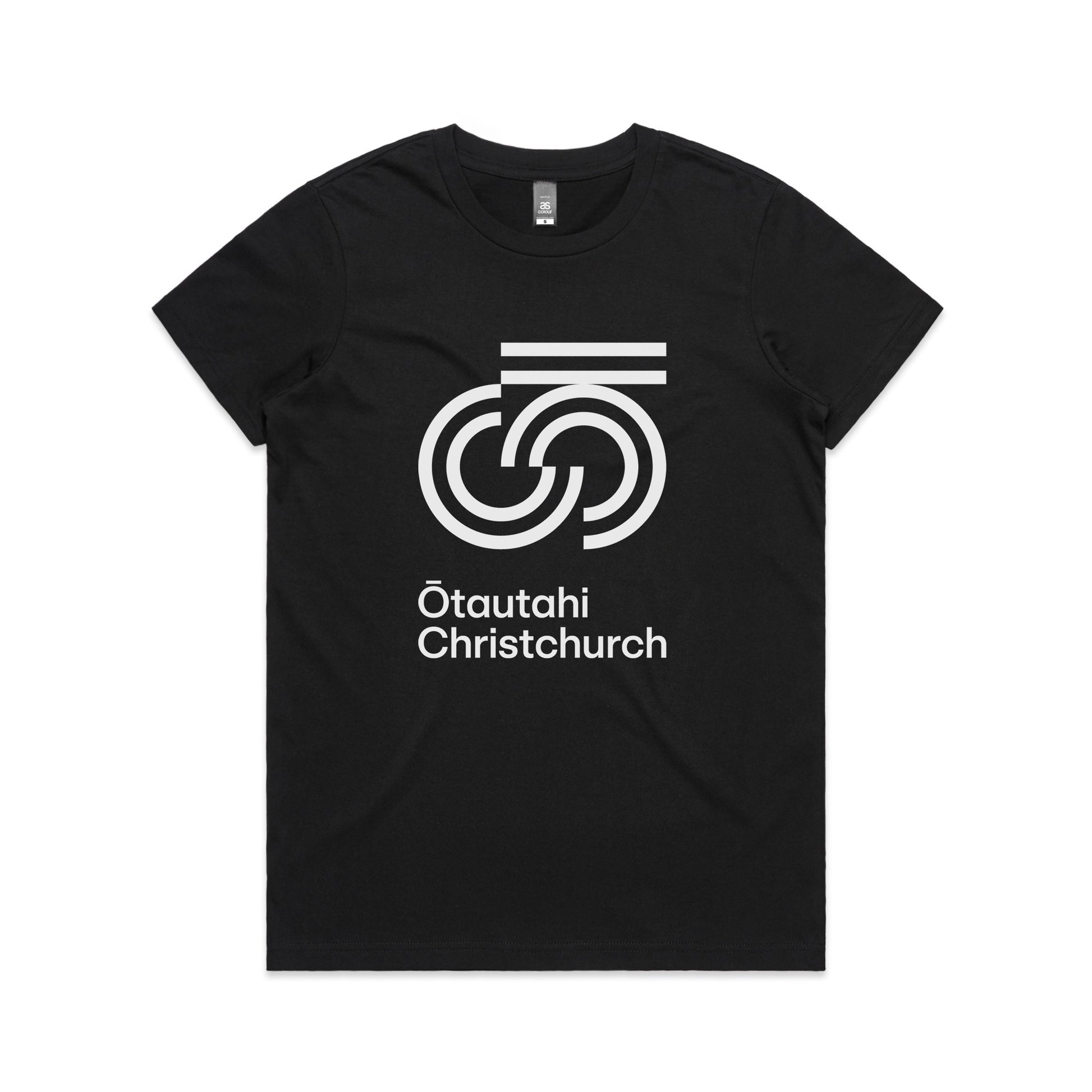 Black crew neck t-shirt with white graphic print on the front saying 'Otautahi Christchurch'.
