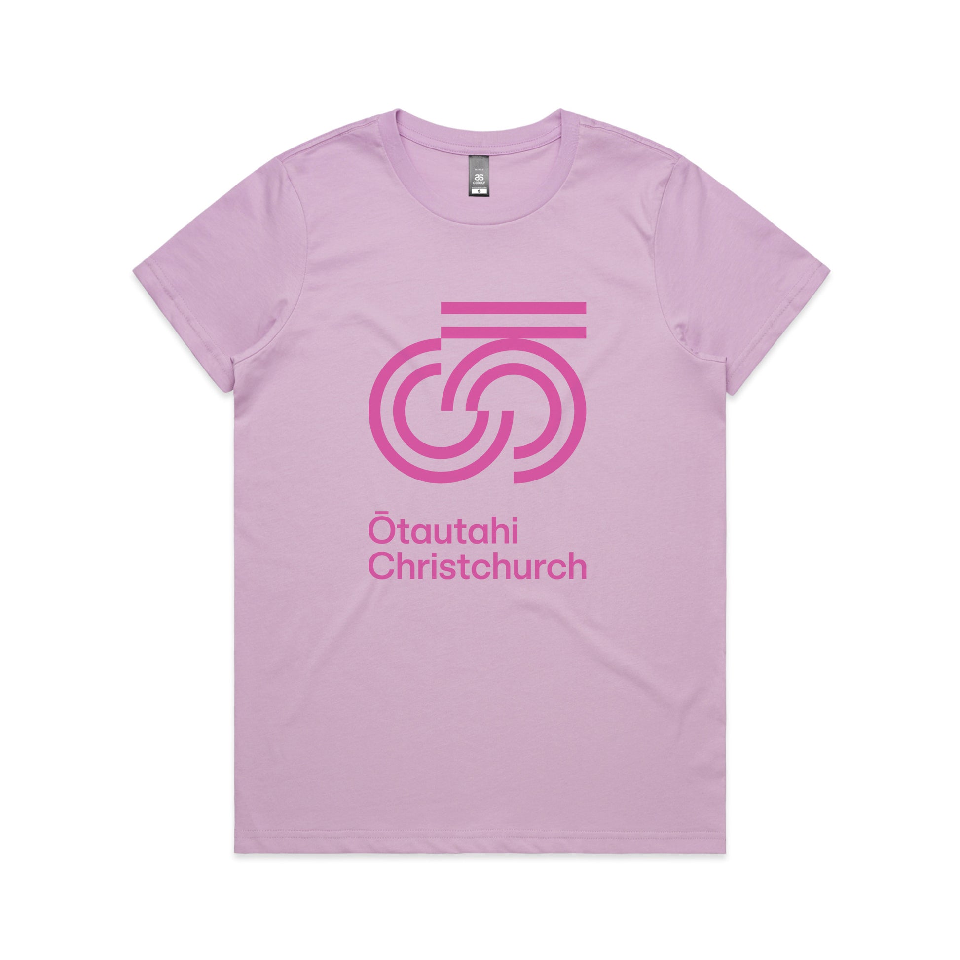 A lavender-colored crew neck t-shirt with 'Otautahi Christchurch' text and a graphic on the front.