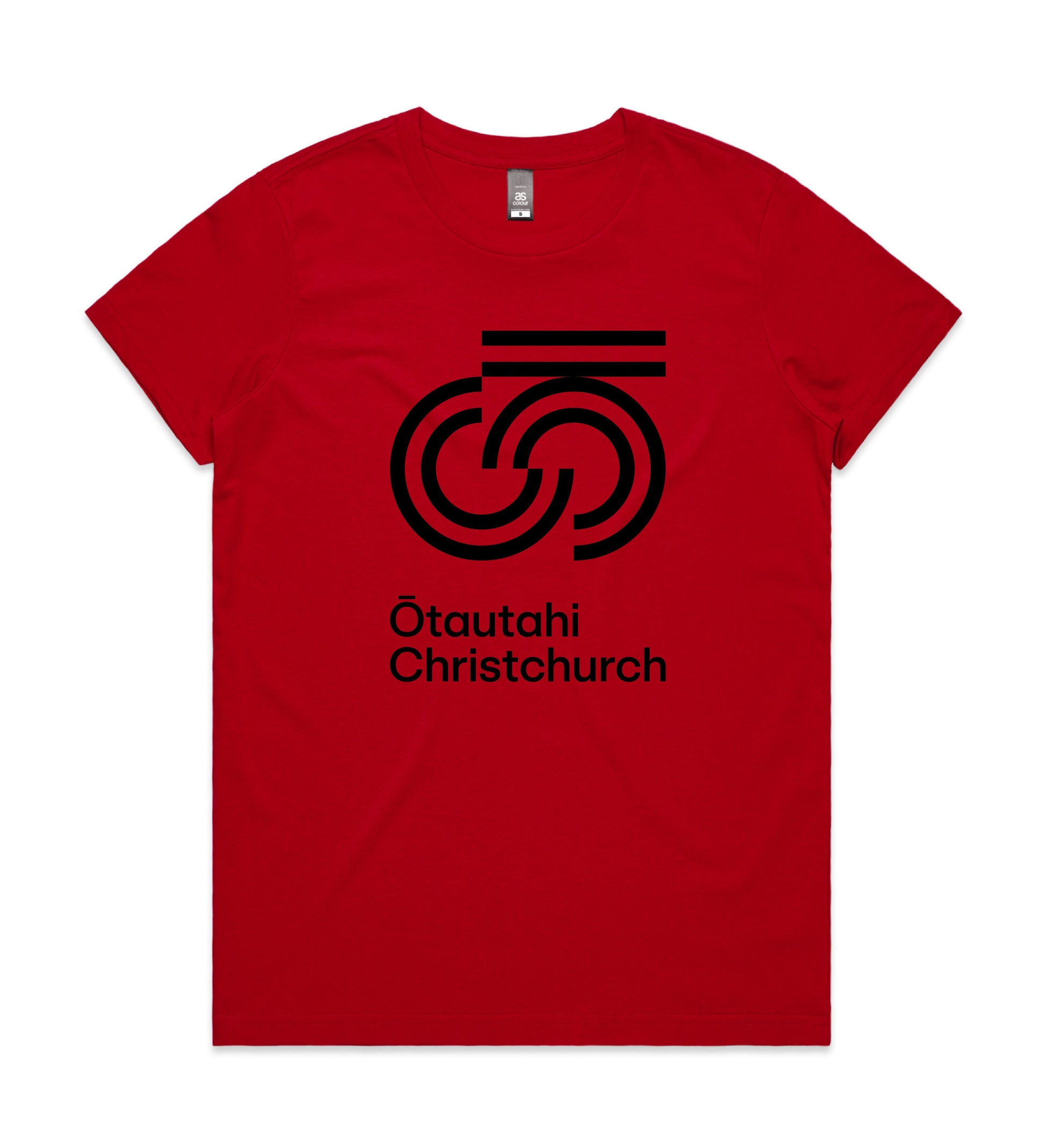 A red crew neck t-shirt with black text and graphic print on the front.