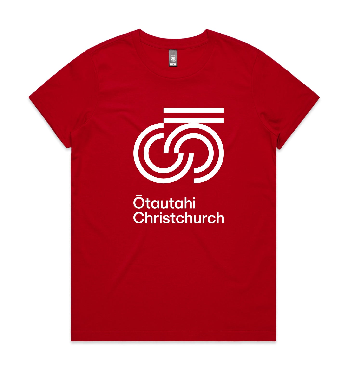 A red crew neck t-shirt with a white graphic print on the front that reads 'Otautahi Christchurch'.