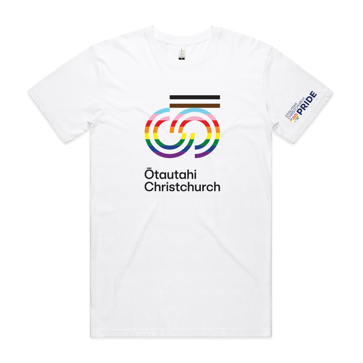 White crew neck t-shirt with multicolored geometric design and text 'Otautahi Christchurch' on the front.