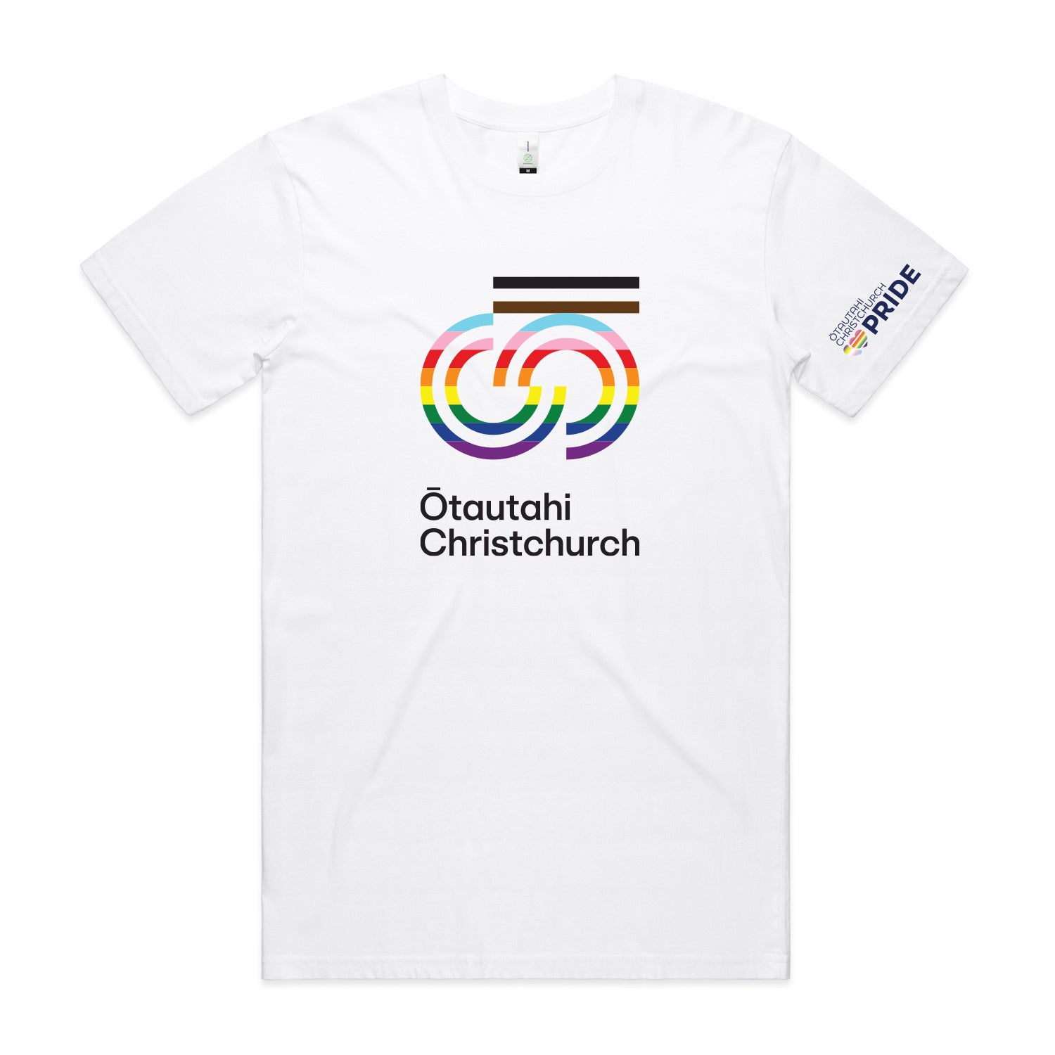 White crew neck t-shirt with multicolored geometric design and text 'Otautahi Christchurch' on the front.