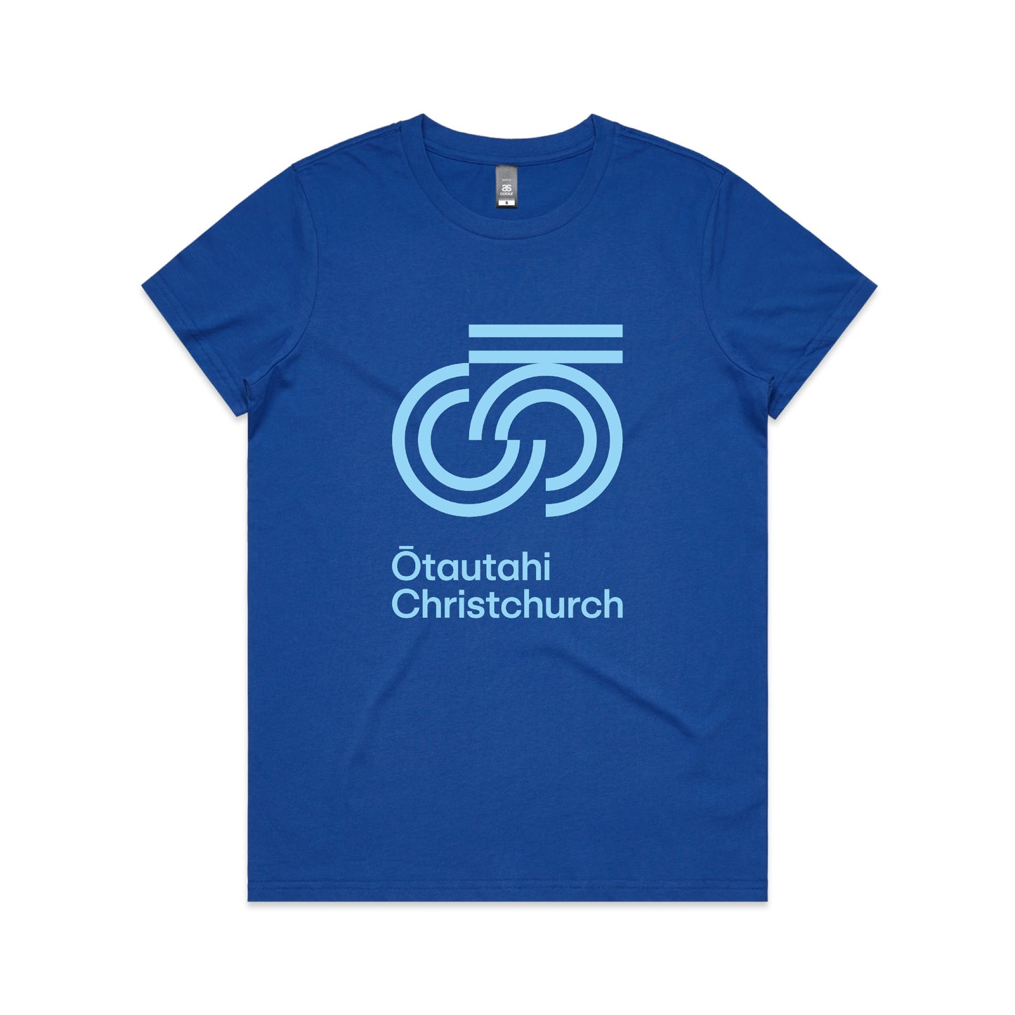A blue crew neck t-shirt with 'Otautahi Christchurch' text graphic on the front.