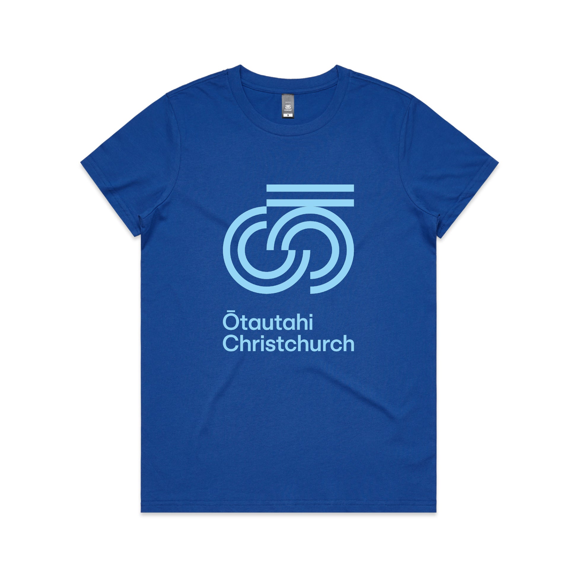 A blue crew neck t-shirt with 'Otautahi Christchurch' text graphic on the front.