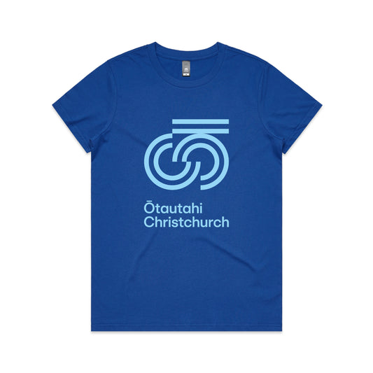 A blue crew neck t-shirt with 'Otautahi Christchurch' text graphic on the front.