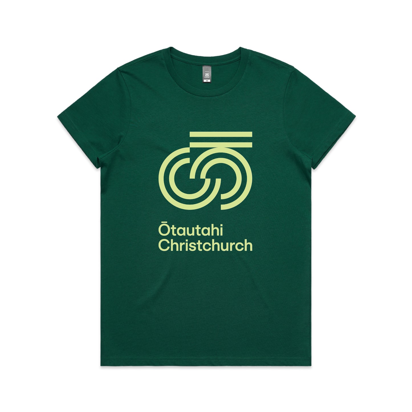 A green crew neck t-shirt with 'Otautahi Christchurch' printed on the front.