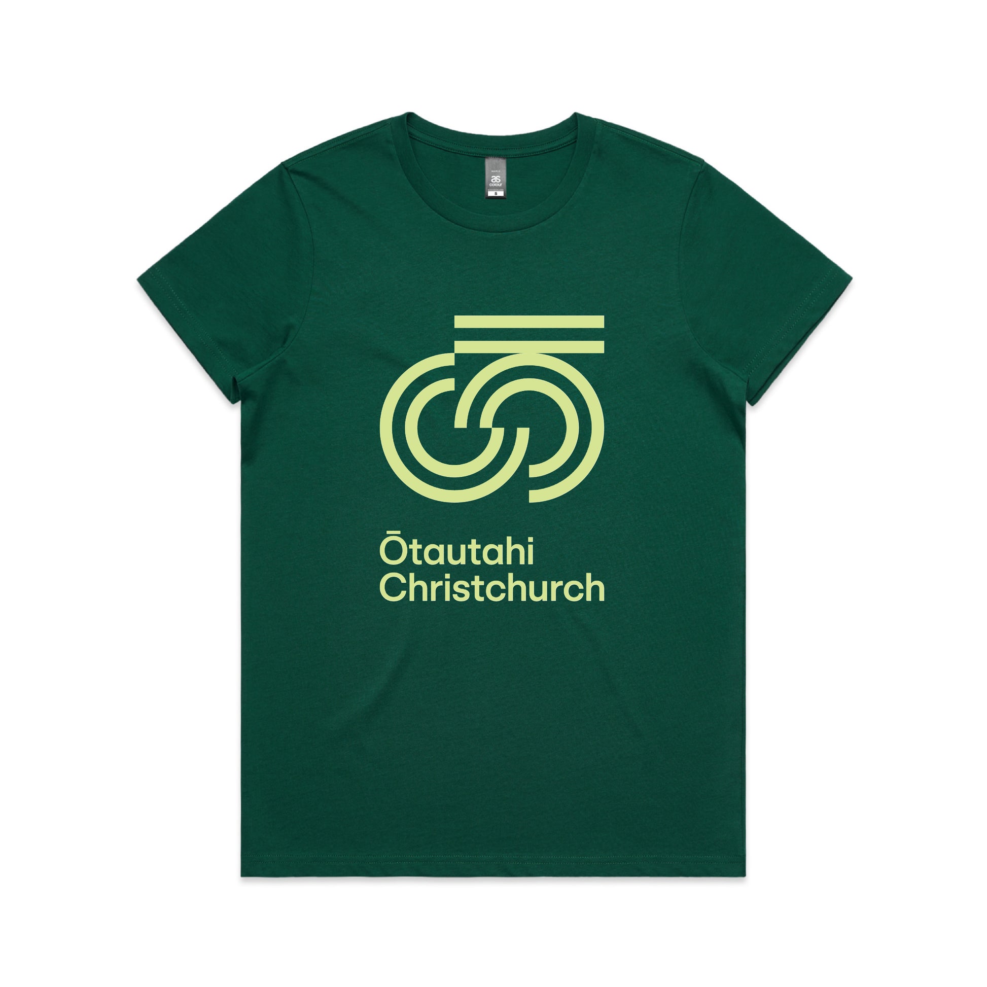 A green crew neck t-shirt with 'Otautahi Christchurch' printed on the front.