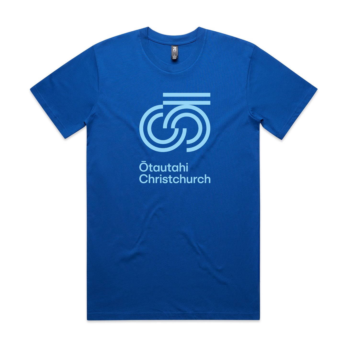 A royal blue crew neck t-shirt with a graphic print on the front that reads 'Otautahi Christchurch'.