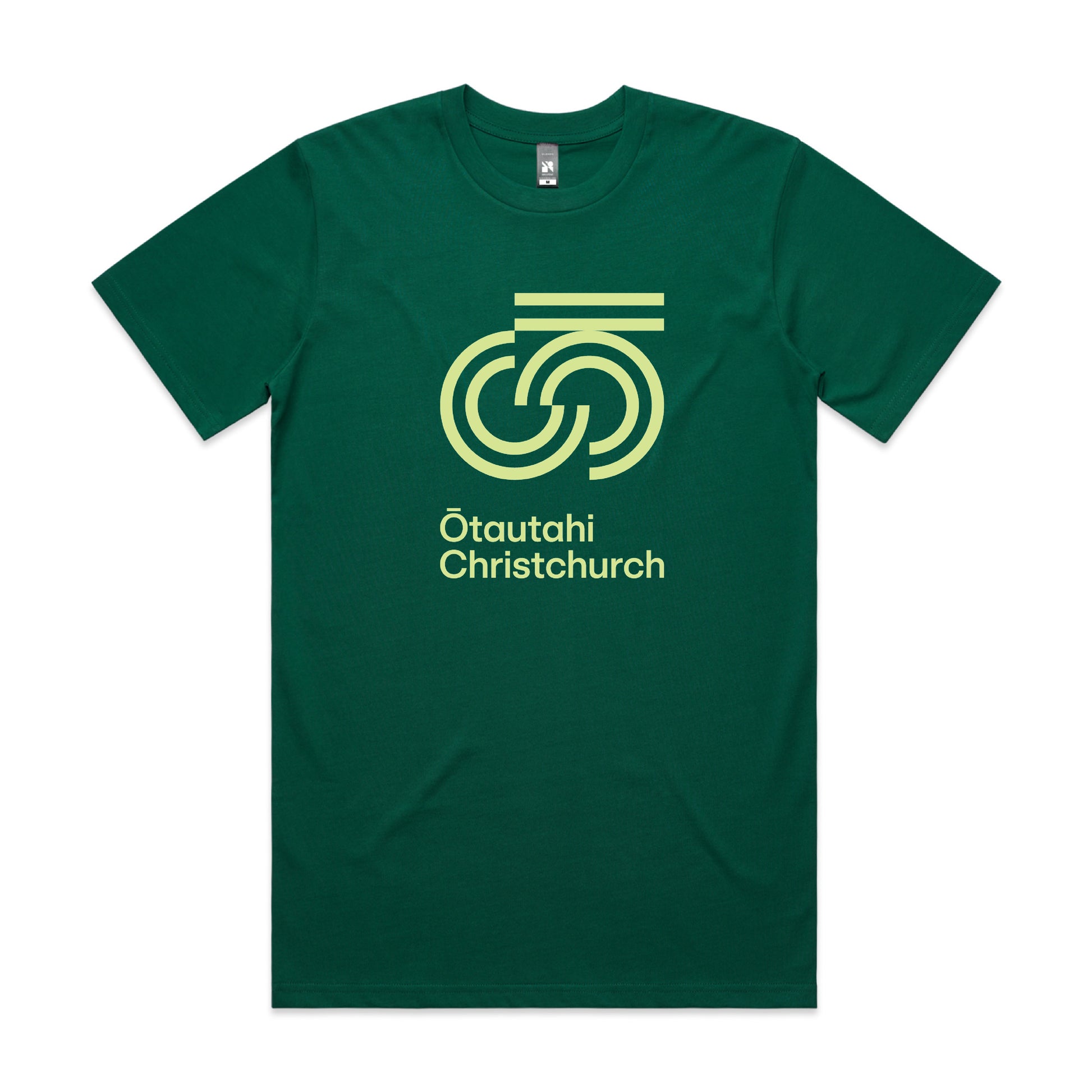 A jade green crew neck t-shirt with a graphic print of Ōtautahi Christchurch on the front.