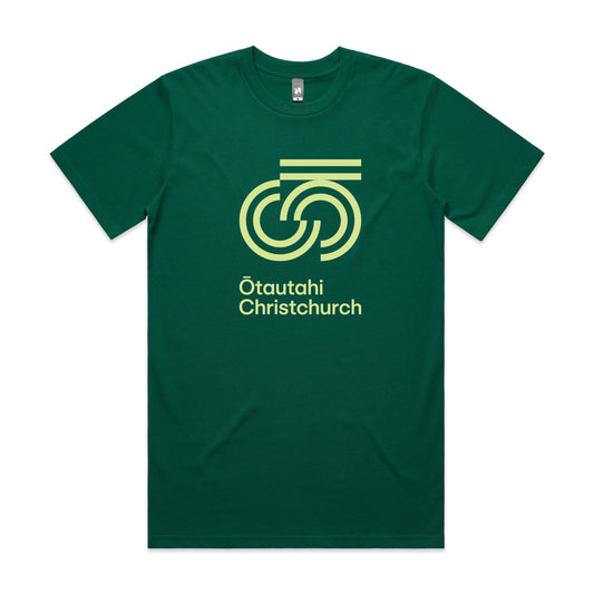 A jade green crew neck t-shirt with a graphic print of Ōtautahi Christchurch on the front.