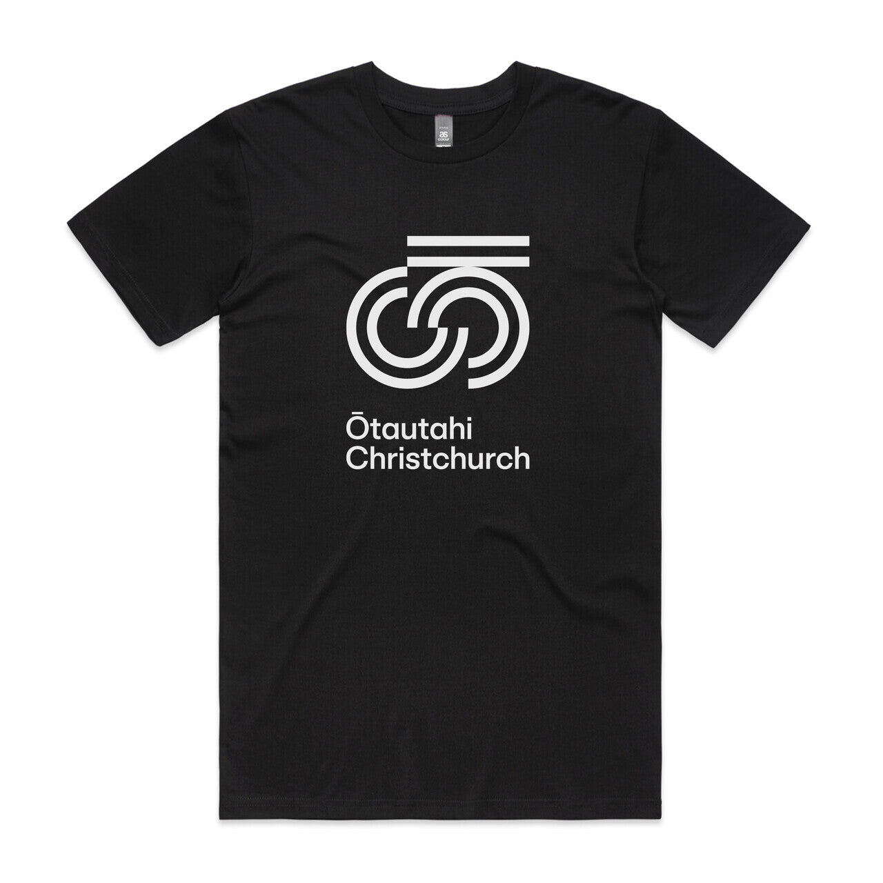 Black crew neck t-shirt with a white graphic print on the front that reads 'Otautahi Christchurch'.