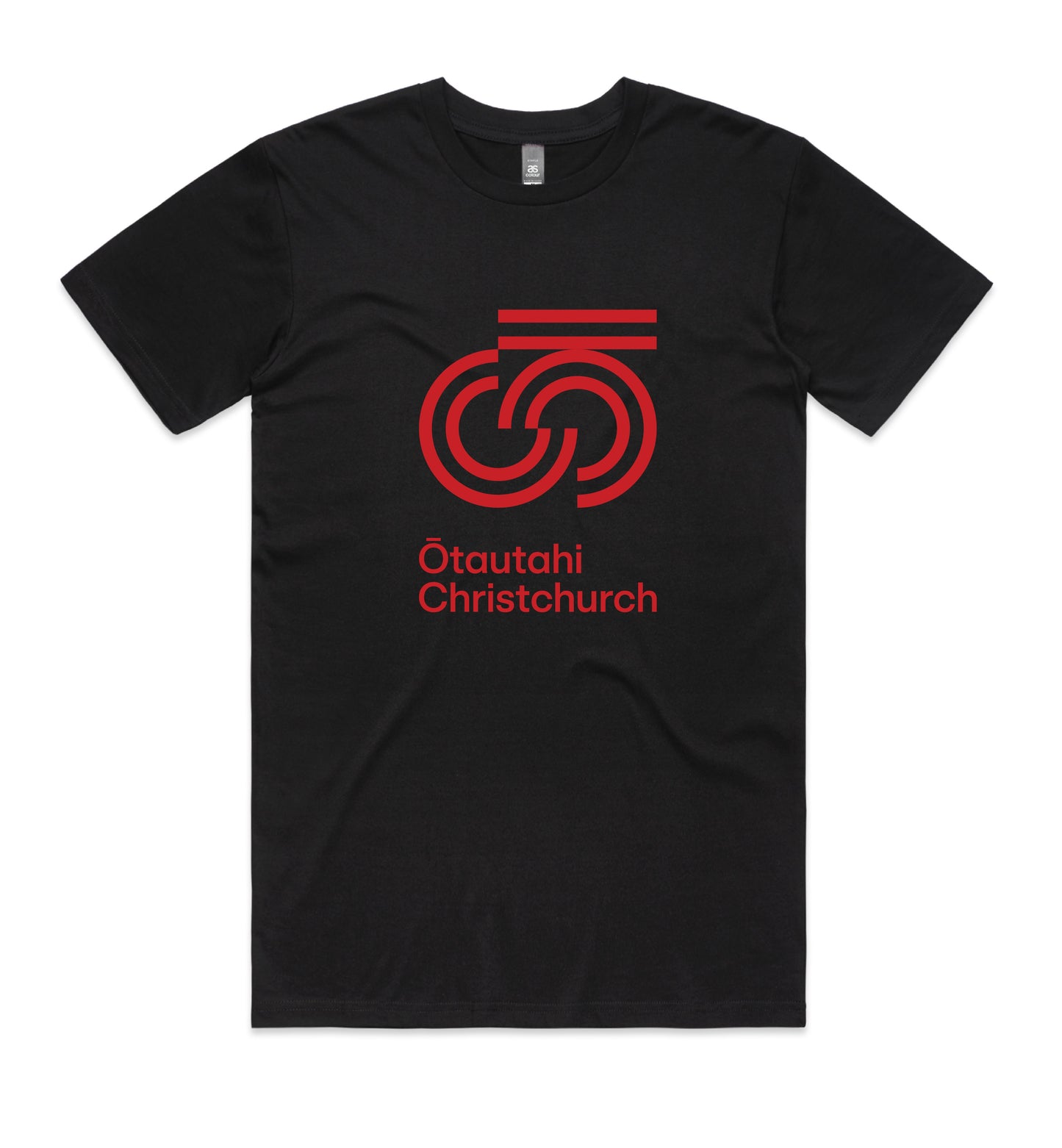Black crew neck t-shirt with red text and graphic print on the front saying 'Otautahi Christchurch'.