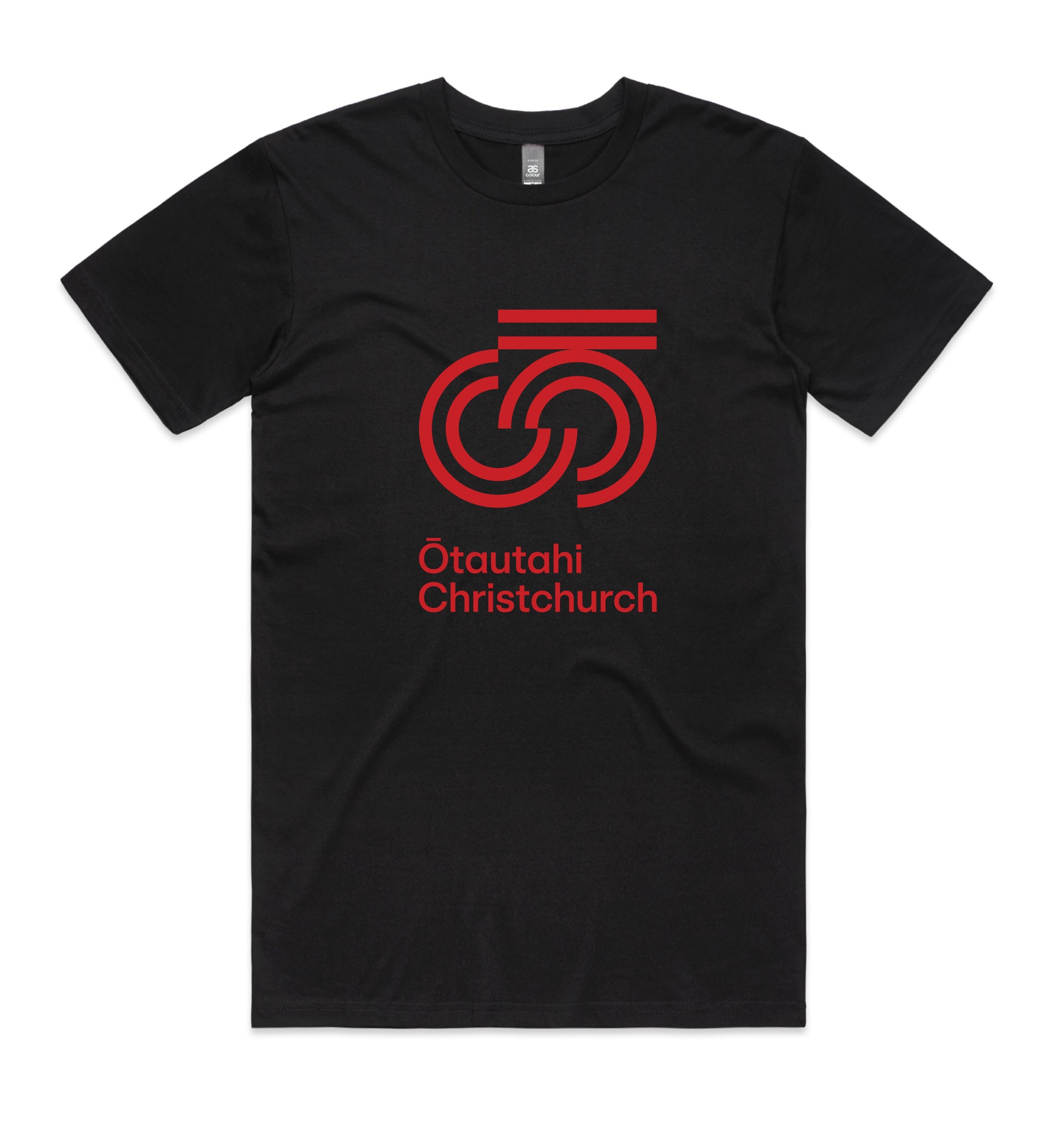 Black crew neck t-shirt with red text and graphic print on the front saying 'Otautahi Christchurch'.