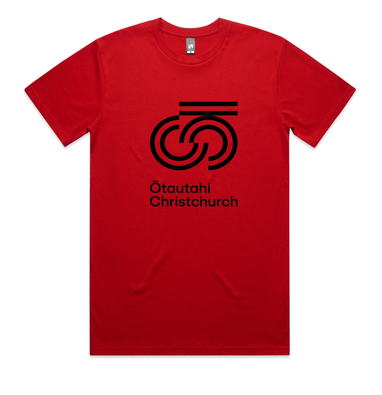 A red crew neck t-shirt with black text and graphic print on the front saying 'Otautahi Christchurch'.