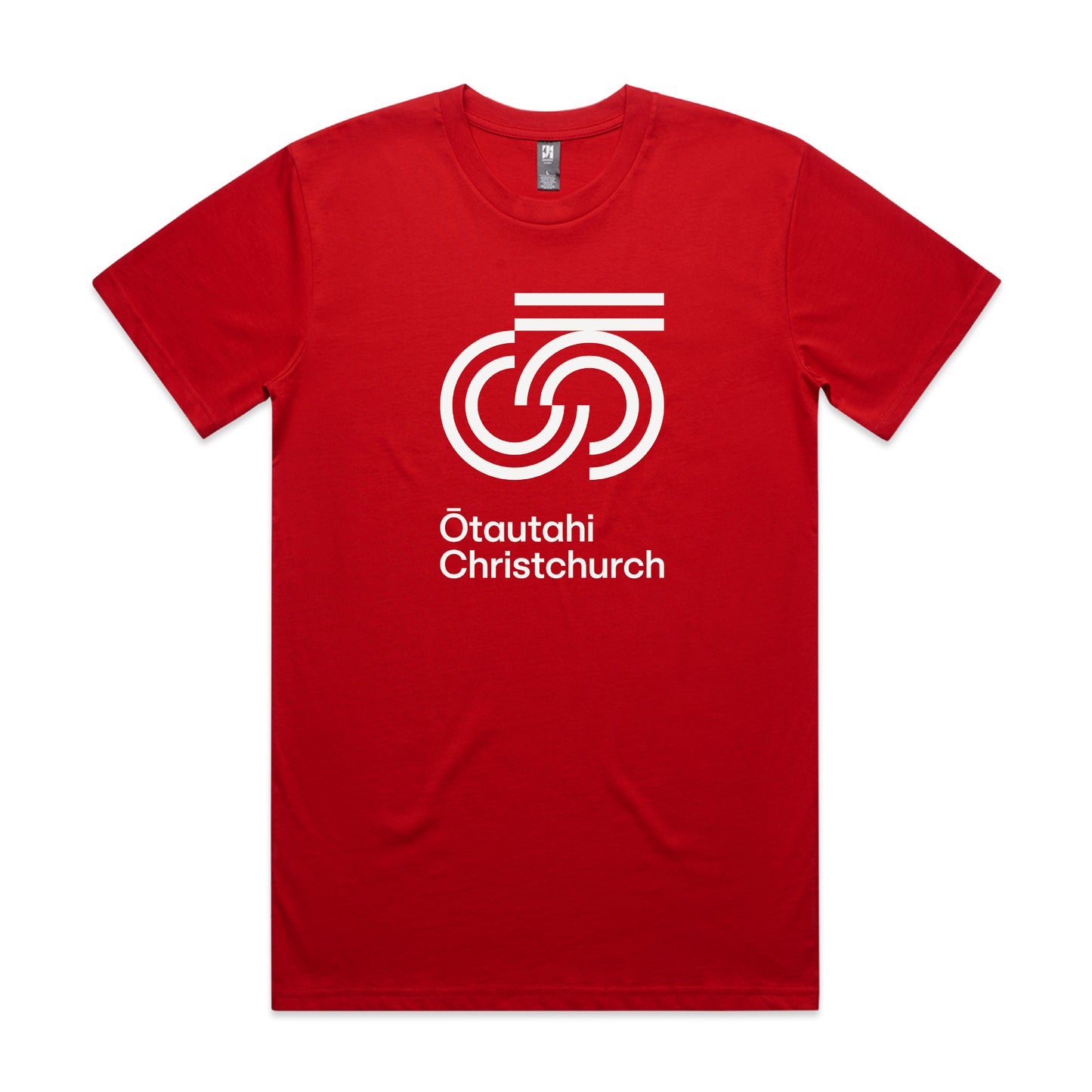A red crew neck t-shirt with white text and graphic print that reads 'Ōtautahi Christchurch'.
