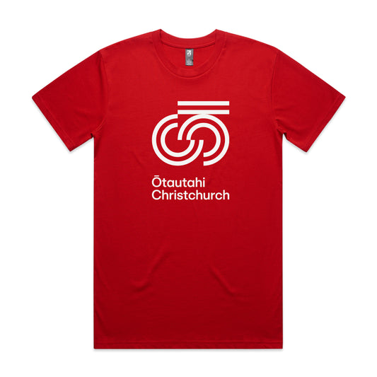 A red crew neck t-shirt with white text and graphic print that reads 'Ōtautahi Christchurch'.