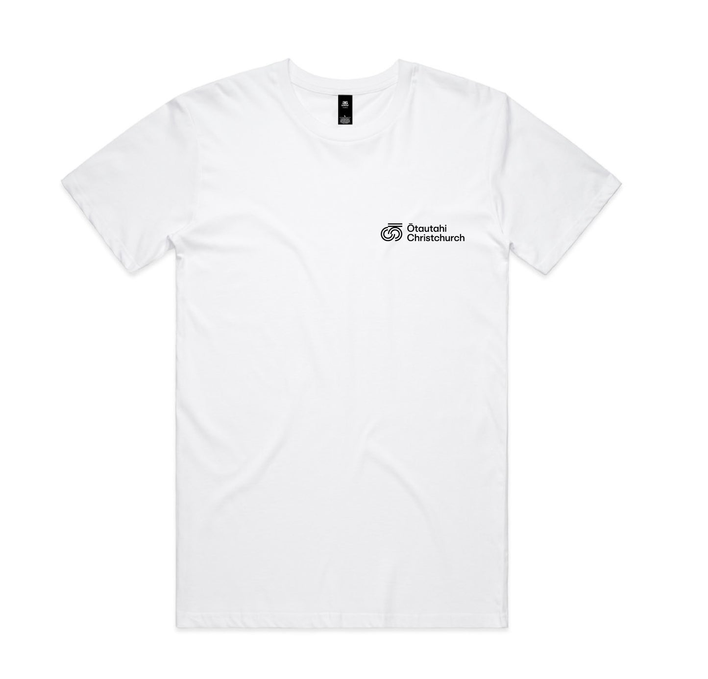 A white crew neck t-shirt with a graphic on the chest.