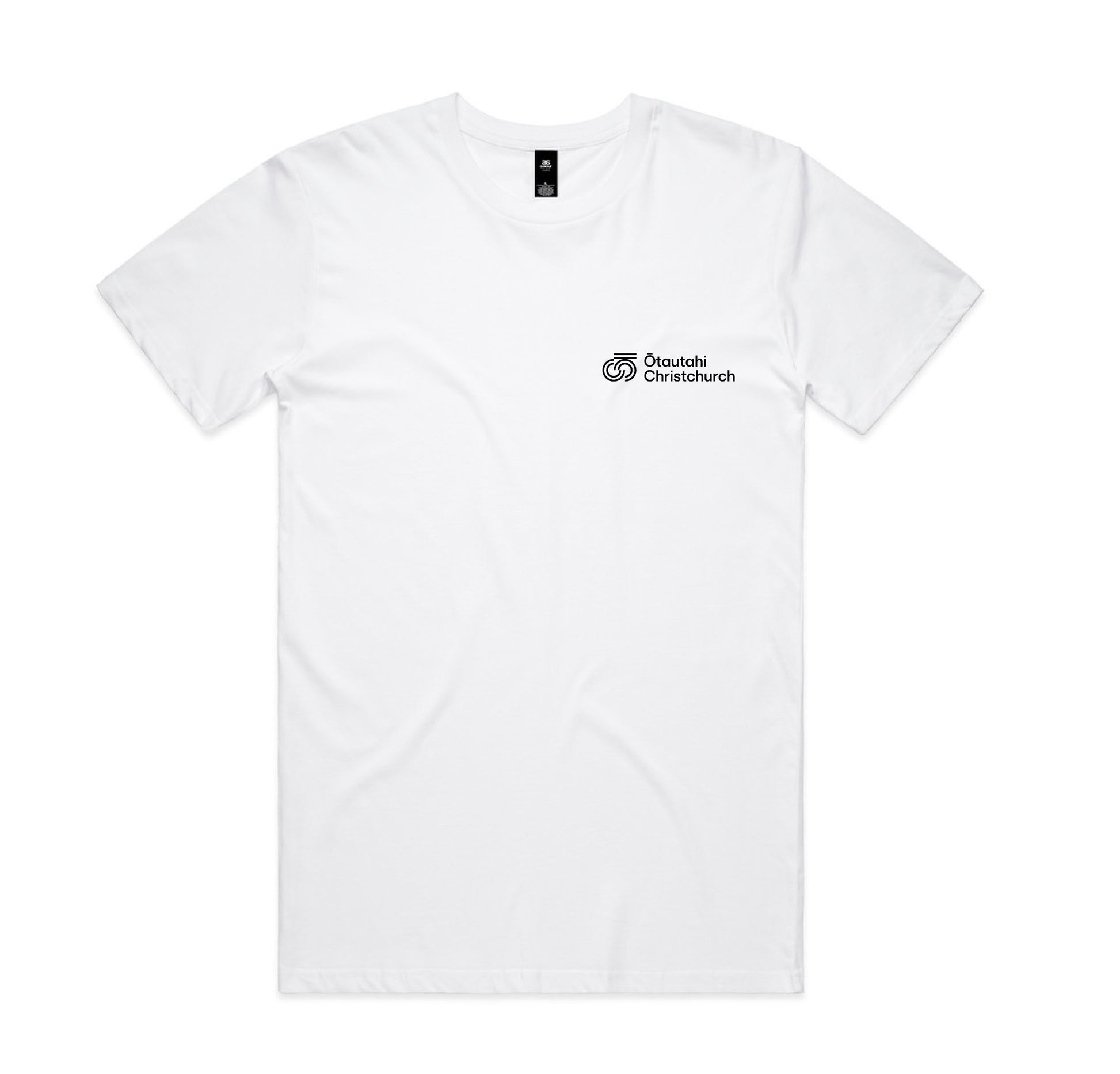 A white crew neck t-shirt with a graphic on the chest.